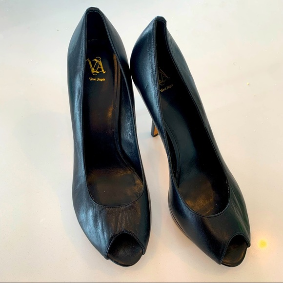 Velvet Angel black leather stiletto peep toe heels SZ 10 - Picture 2 of 6